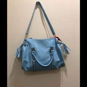 Blue tote with cross shoulder strap